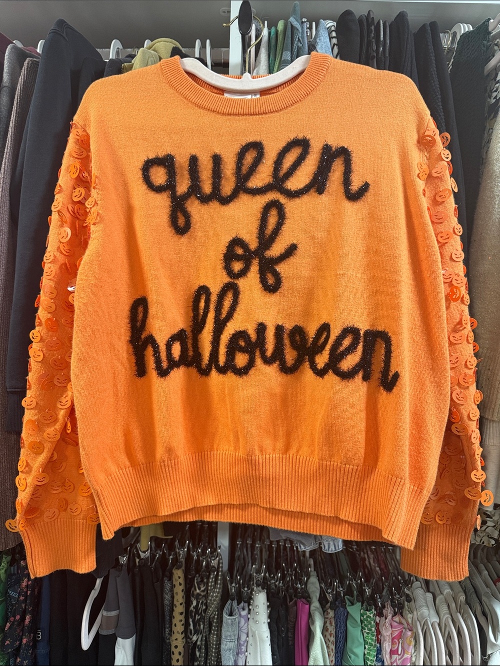 QUEEN OF SPARKLES Orange 'Queen of Halloween' Crewneck Sweater